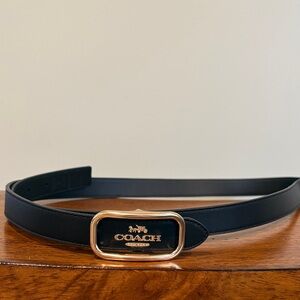 Coach Black Leather Belt with Gold Logo Plaque Buckle